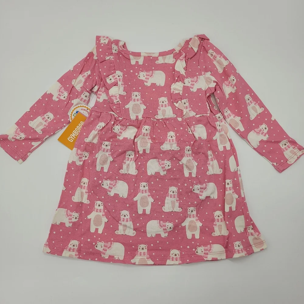 Gymboree Dress Pink Bear Print Long Sleeve Ruffle Stretch Cotton Sz 18-24mo NEW